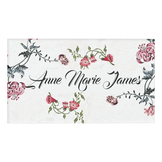 Vintage Embroidery Flowers Floral Name Tag (Front)