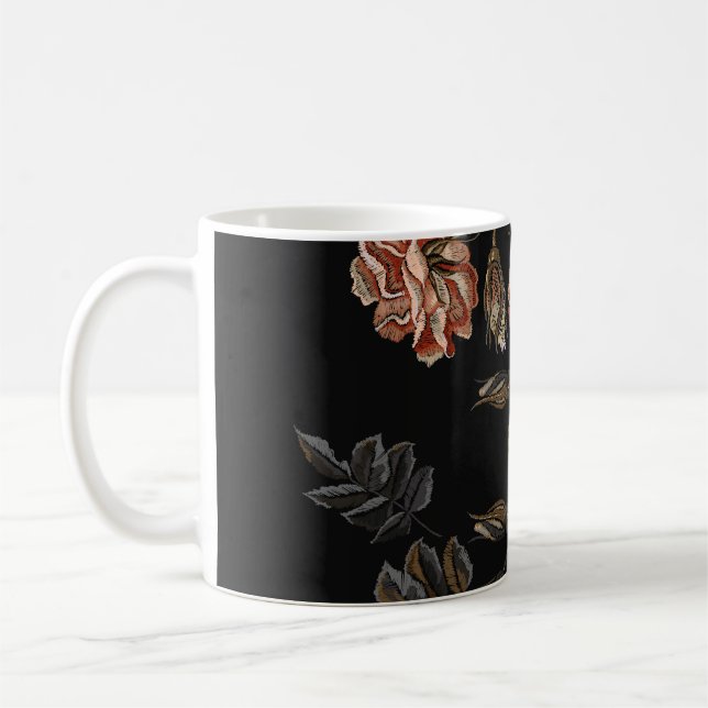 Vintage embroidery: roses on black. coffee mug (Left)