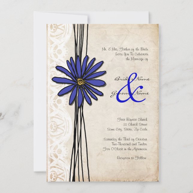 Vintage Emerald Blue Daisy Wedding Invitation (Front)