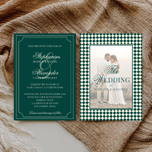 Vintage Emerald Chequered Old Money Photo Wedding Invitation