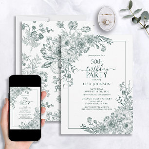 Vintage Emerald Floral Line Art 50th Birthday Invitation