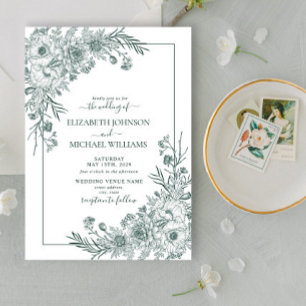 Vintage Emerald Floral Line Art Script Wedding Invitation