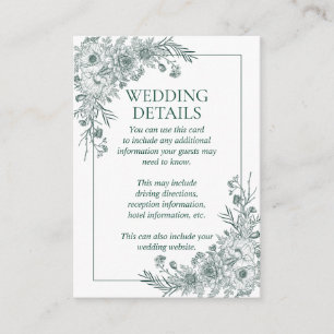 Vintage Emerald Floral Line Art Wedding Details Enclosure Card