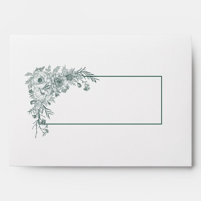 Vintage Emerald Floral Line Art Wedding Envelope (Front)