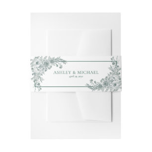 Vintage Emerald Floral Line Art Wedding Invitation Belly Band