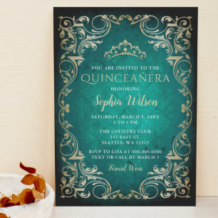 Vintage Emerald Gold Princess Tiara Quinceañera Invitation