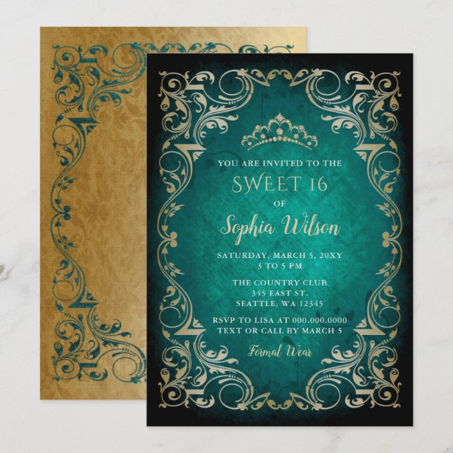 Vintage Emerald Gold Princess Tiara Sweet 16  Invitation (Front/Back)