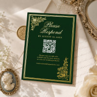 Vintage Emerald Gold Regency Wedding RSVP Card