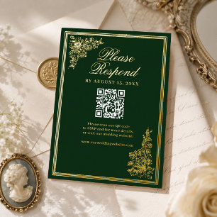 Vintage Emerald Gold Regency Wedding RSVP Card