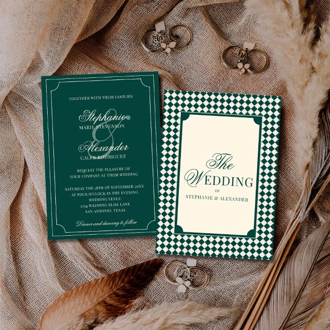 Vintage Emerald Green Checkered Old Money Wedding Invitation (Creator Uploaded)