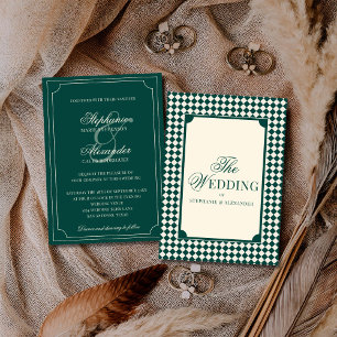 Vintage Emerald Green Chequered Old Money Wedding Invitation