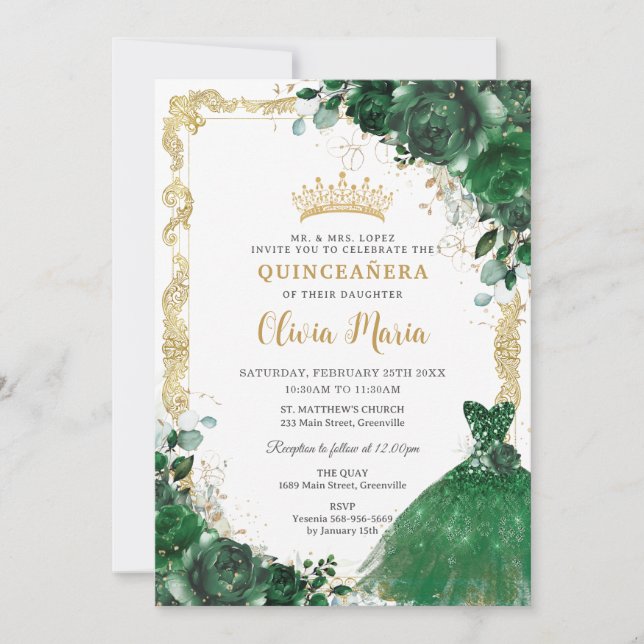 Vintage Emerald Green Floral Dress Quinceañera Invitation (Front)