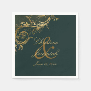 Vintage Emerald Green Gold Floral Damask Wedding Napkin
