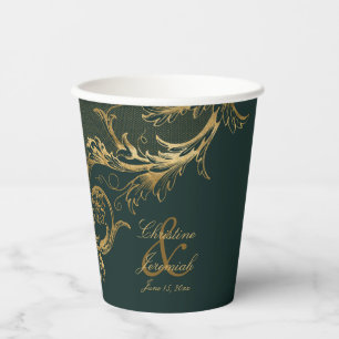 Vintage Emerald Green Gold Floral Damask Wedding Paper Cups