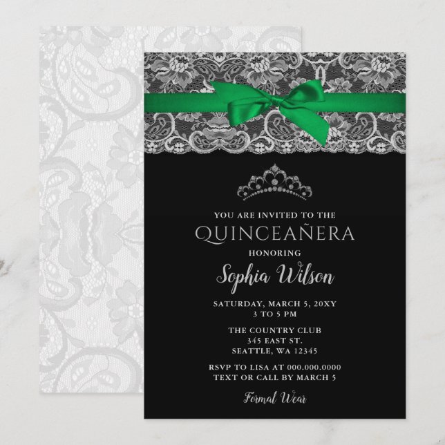 Vintage Emerald Green Ribbon Lace Quinceañera  Invitation (Front/Back)