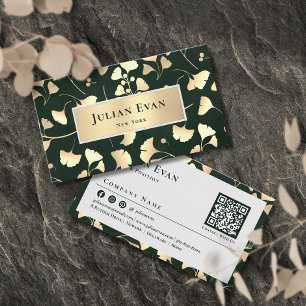 Vintage Emerald Green Shiny Ginkgo Gold Leaf Business Card