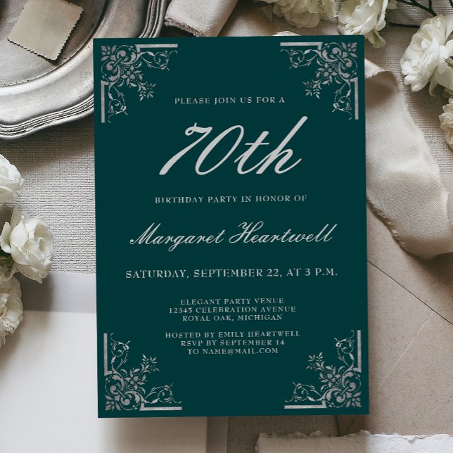 Vintage Emerald Green Silver 70th Birthday Invitation (Creator Uploaded)