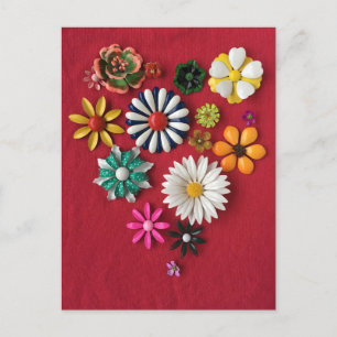 Vintage enamel flower pin heart postcard