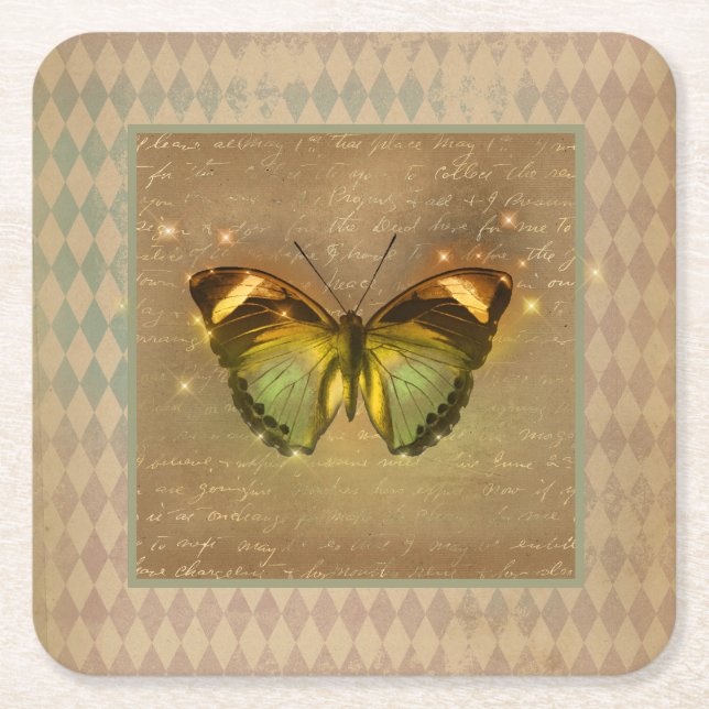 Vintage Enchanted Butterfly  Square Paper Coaster (Front)