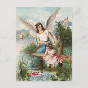 Vintage Engel Schutzengel mit Mädchen Postcard
