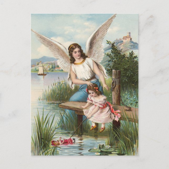Vintage Engel Schutzengel mit Mädchen Postcard (Front)