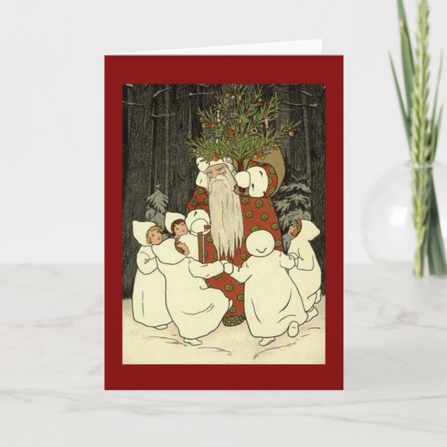 Vintage Engel und Nikolaus Im Wald  Holiday Card (Front)
