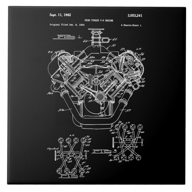 Vintage Engine Block Blueprint Diagram – Men's Car Tile (Front)