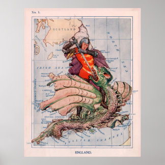 Vintage England Map & St George Slaying a Dragon Poster