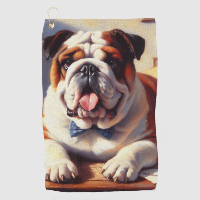 Vintage English Bulldog Illustration Golf Towel (Front)