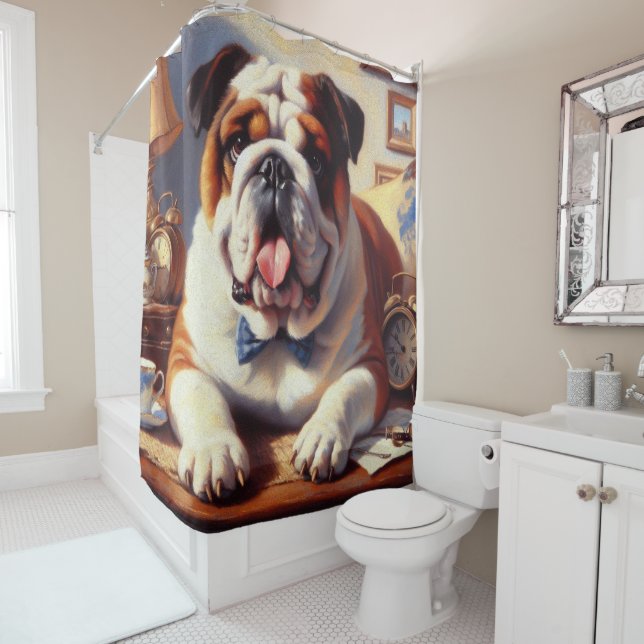 Vintage English Bulldog Illustration Shower Curtain (In Situ)