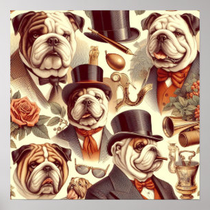 Vintage English Bulldog Seamless Illustration Poster