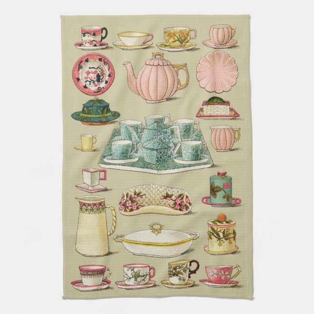 Vintage English China Tea Service Kitchen Tea Towel (Vertical)