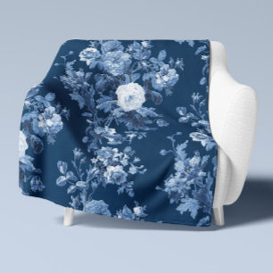 Vintage English Floral Navy White Elegant Home LG Sherpa Blanket