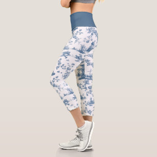 Vintage English Floral Toile de Jouy-Blue Capri Leggings