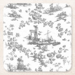 Vintage English Floral Toile de Jouy-Grey Square Paper Coaster<br><div class="desc">Beautiful seamless toile de jouy pattern adapted from an English copperplate engraved design by John Munns ca 1770s featuring classical ruins,  seaport,  shepherd and floral garlands. Grey on white background.</div>