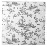 Vintage English Floral Toile de Jouy-Grey Tile<br><div class="desc">Beautiful seamless toile de jouy pattern adapted from an English copperplate engraved design by John Munns ca 1770s featuring classical ruins,  seaport,  shepherd and floral garlands. Grey on white background.</div>