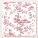 Vintage English Floral Toile de Jouy-Pink Square Paper Coaster<br><div class="desc">Beautiful seamless toile de jouy pattern adapted from an English copperplate engraved design by John Munns ca 1770s featuring classical ruins,  seaport,  shepherd and floral garlands. Pink on white background.</div>