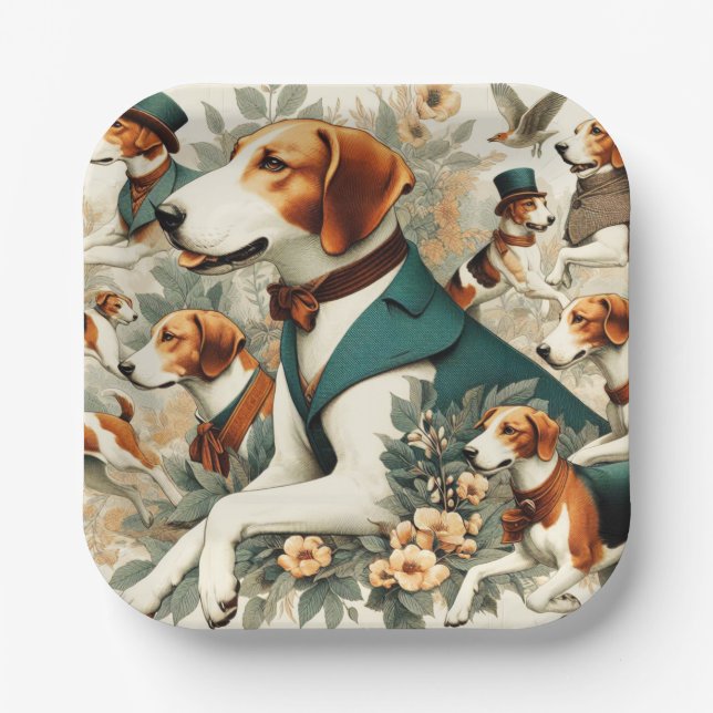 Vintage English Foxhound Seamless Illustration Paper Plate (Front)