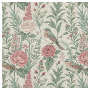 Vintage English Garden Bird & Rose Floral Pattern Fabric