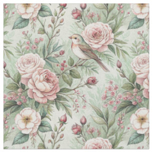 Vintage English Garden Bird & Rose Floral Pattern Fabric