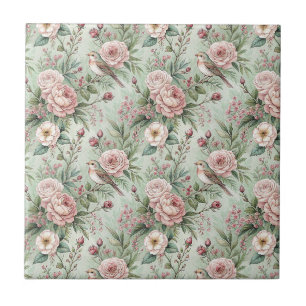 Vintage English Garden Bird & Rose Floral Pattern Tile