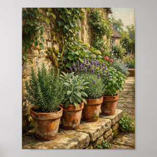 Vintage English Herb Garden Terracotta Pots Poster
