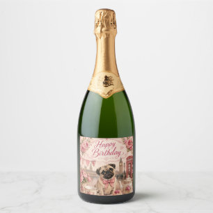 vintage english pug birthday sparkling wine label