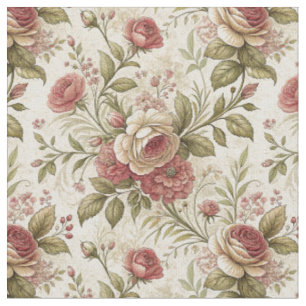 Vintage English Rose & Cream Floral Garden Pattern Fabric