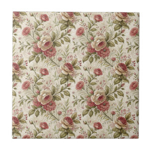 Vintage English Rose & Cream Floral Garden Pattern Tile