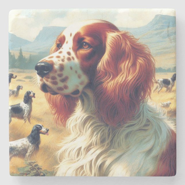 Vintage English Setter Oil Painting Stone Coaster (Front)