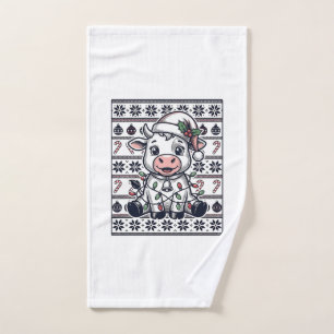 Vintage Engraved Christmas Cow Ugly Sweater Design Hand Towel