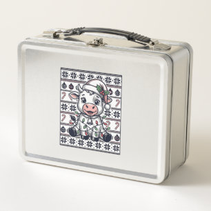 Vintage Engraved Christmas Cow Ugly Sweater Design Metal Lunch Box