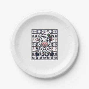 Vintage Engraved Christmas Cow Ugly Sweater Design Paper Plate