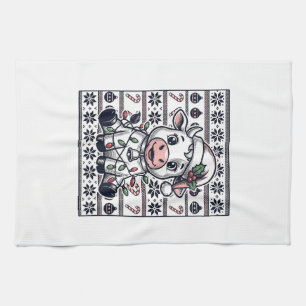 Vintage Engraved Christmas Cow Ugly Sweater Design Tea Towel